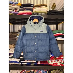 Patagonia Kids Down Puffer Jacket Blue Colorblock Hooded Coat Size M 10